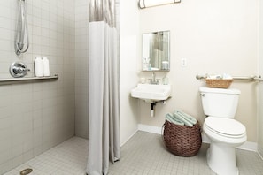 Combined shower/tub, hydromassage showerhead, towels, soap