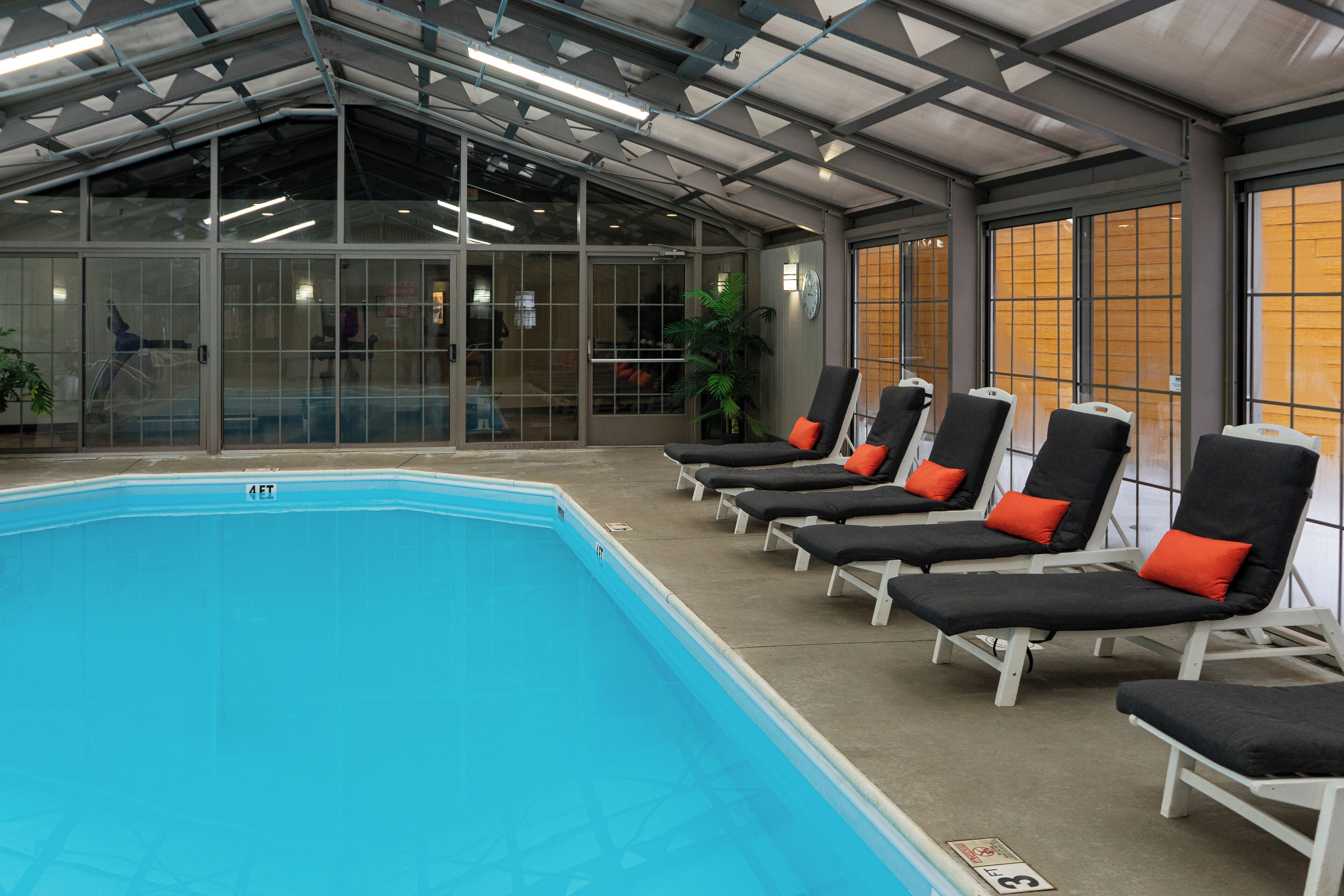 Piscina interna, funciona das 8h às 22h, espreguiçadeiras