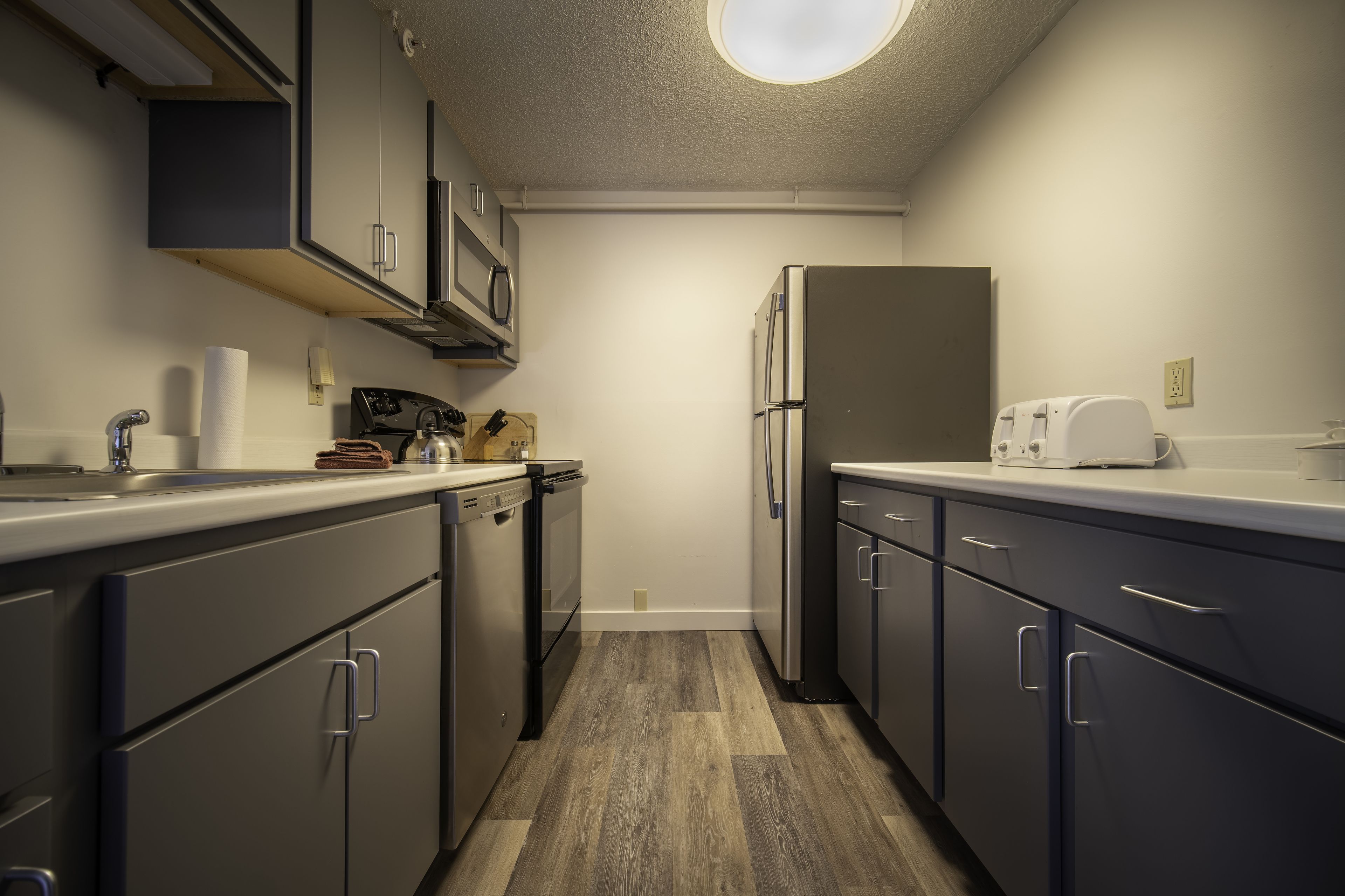 A modern kitchen with stainless steel appliances, a dishwasher, and a microwave.