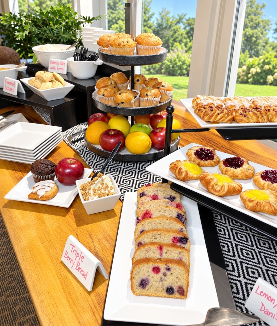 Una mesa de buffet con panes y pasteles recién horneados, frutas y recipientes con etiquetas.