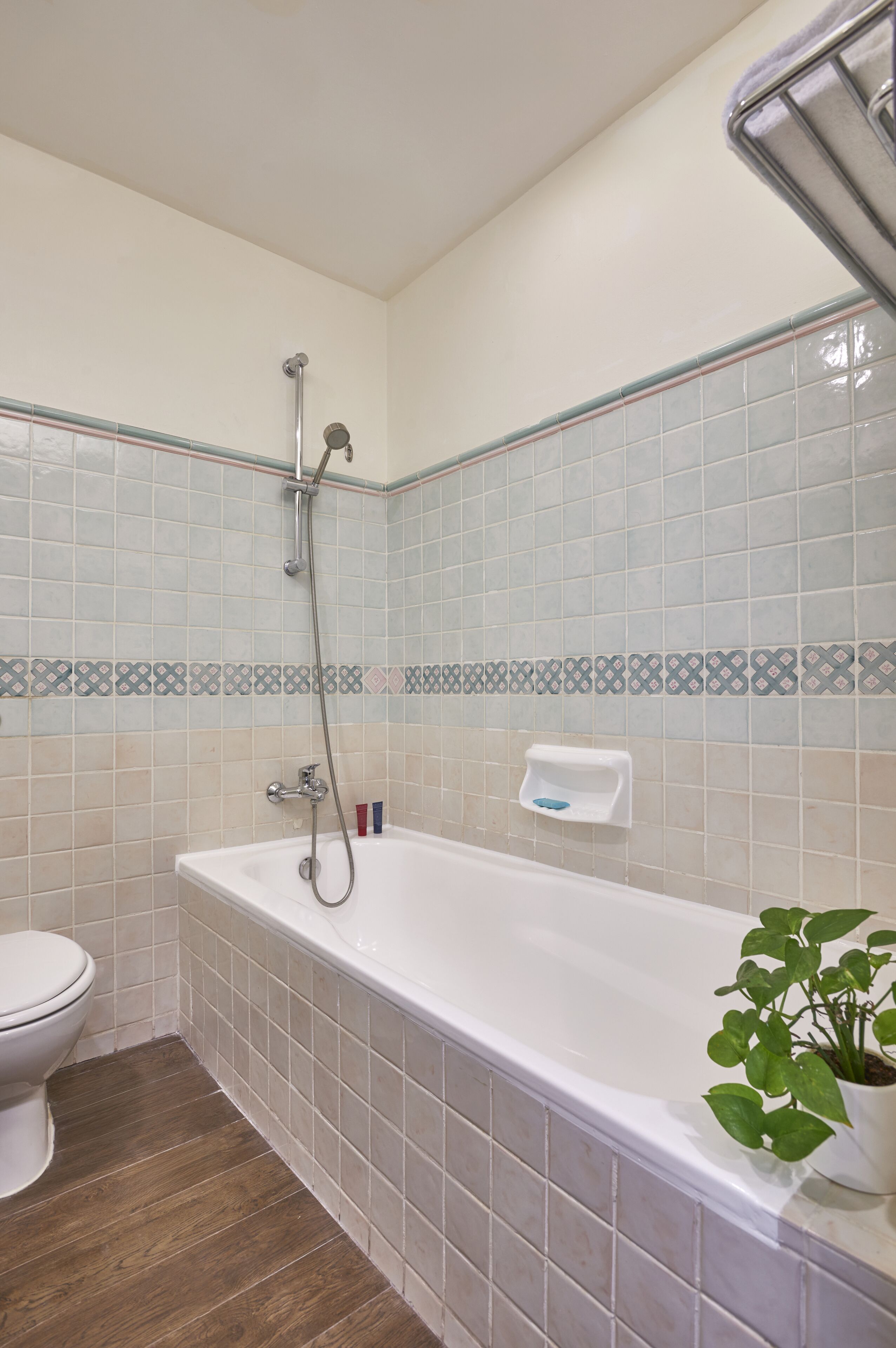 A bathroom with a bathtub, a toilet, and a shower.