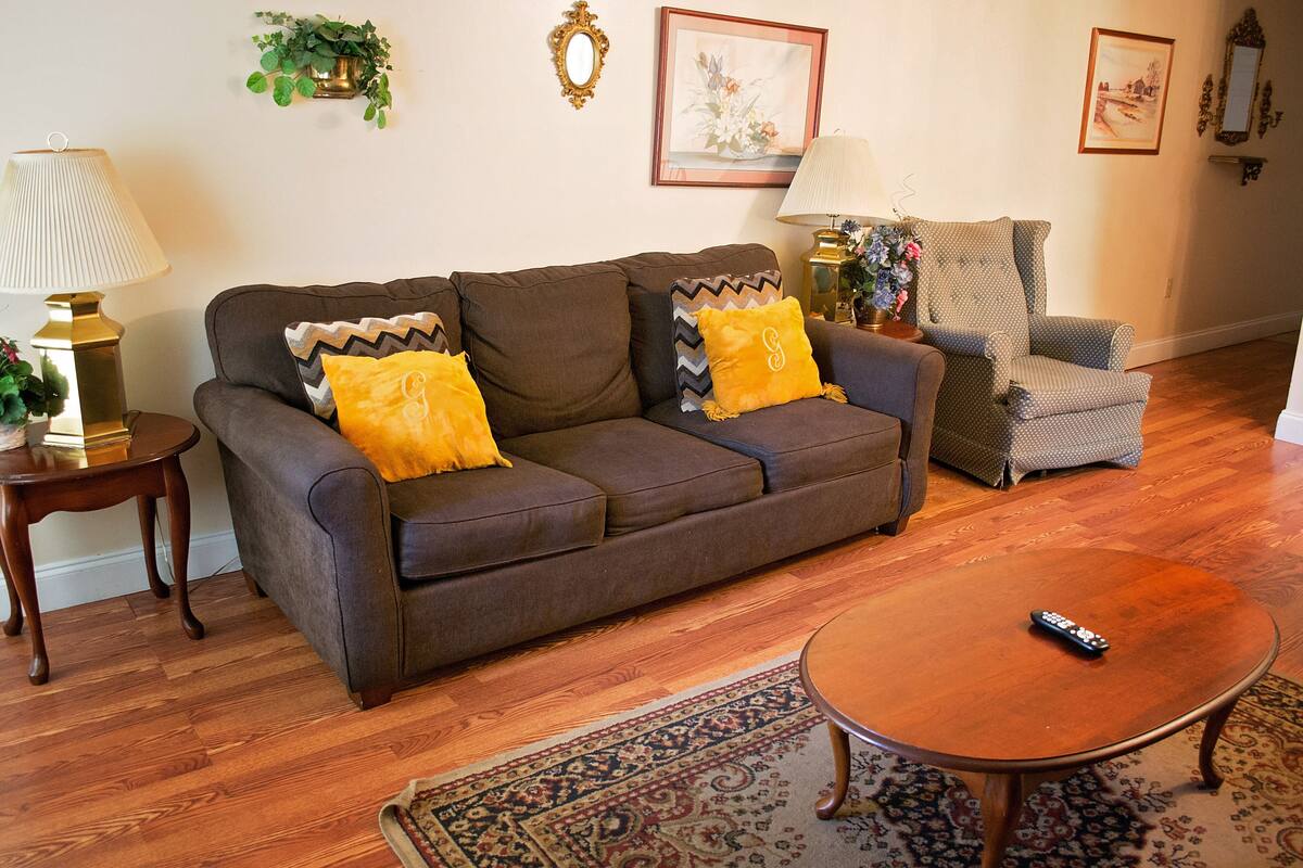 A living room with a brown sofa, two yellow pillows, a wooden coffee table, and a patterned rug.