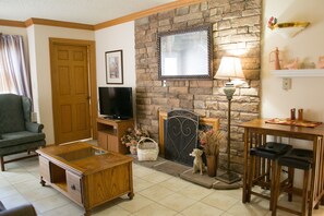 Condo, 2 Bedrooms (408) | Living area | LCD TV, fireplace