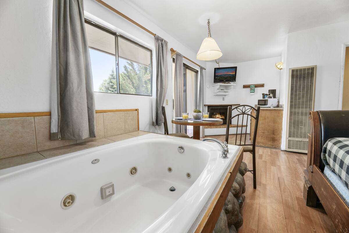 Ein Zimmer mit einer großen Badewanne, Holzböden, einem Bett mit kariertem Überwurf, einem an der Wand montierten Fernseher und einem kleinen Tisch mit einer Pflanze.