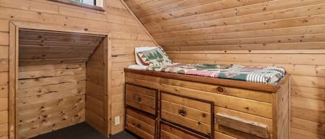 A wooden cabin room with a loft bed, a window, and a small closet.