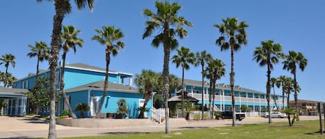 Un hôtel à la façade bleue, avec des palmiers au premier plan et un ciel bleu dégagé.