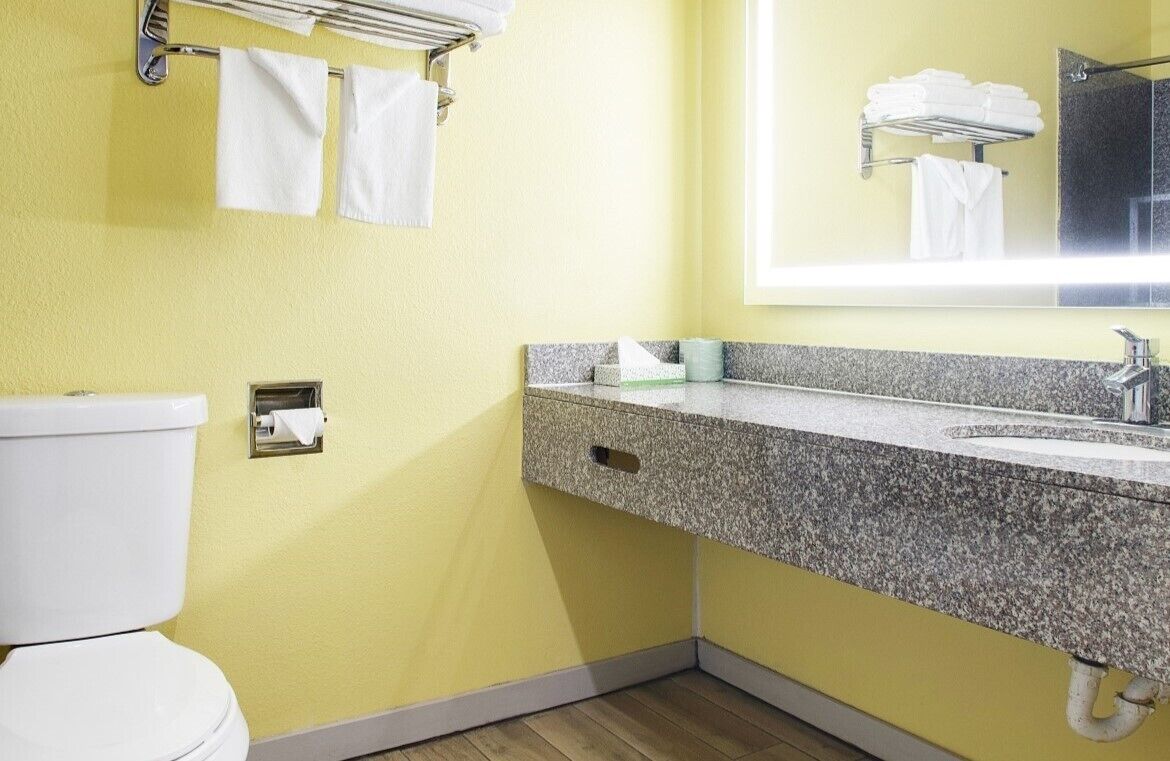 A bathroom with a toilet, granite countertop sink, and a mirror.