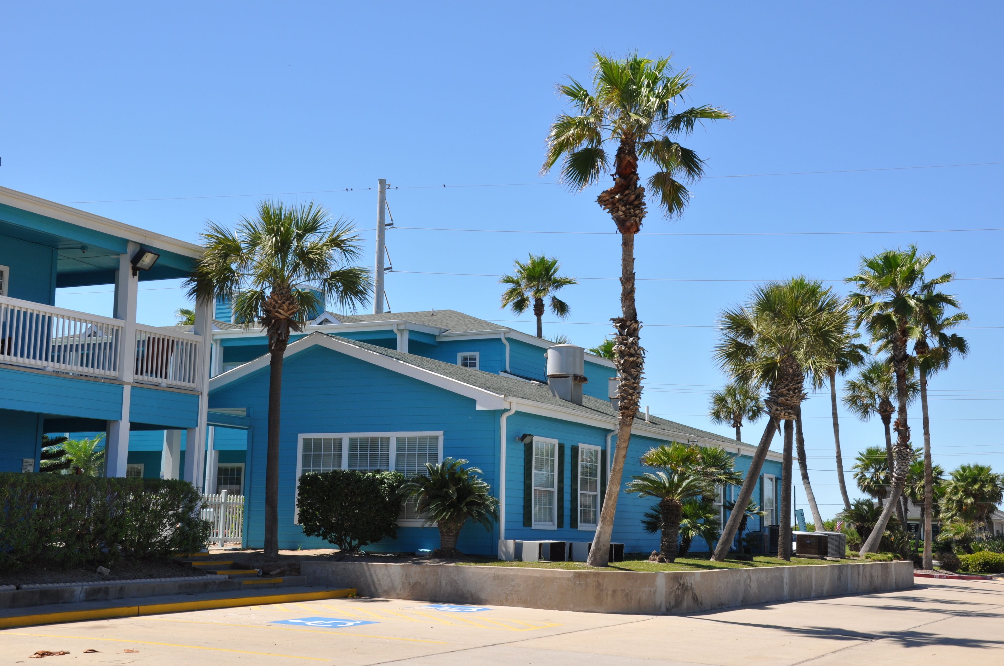 A blue building with a balcony, palm trees, and a clear sky.