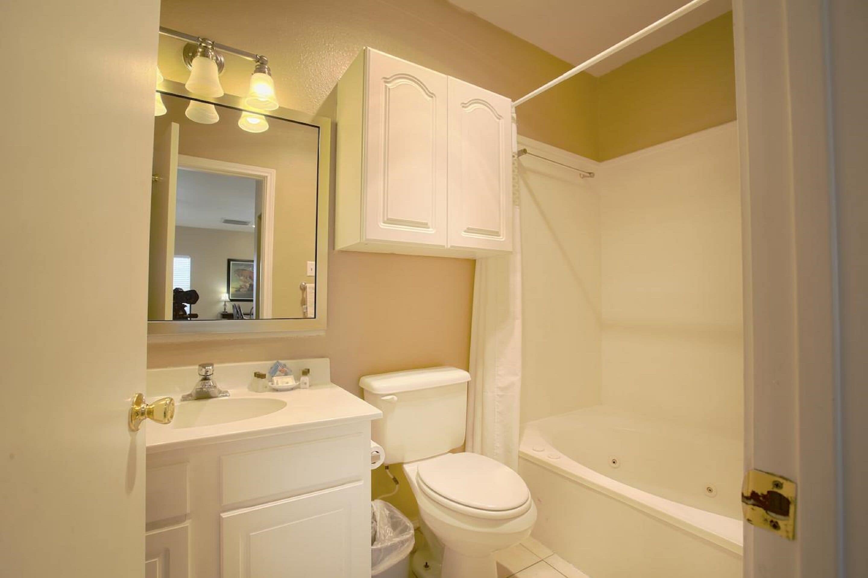 combined shower/bathtub, hair dryer, towels, soap