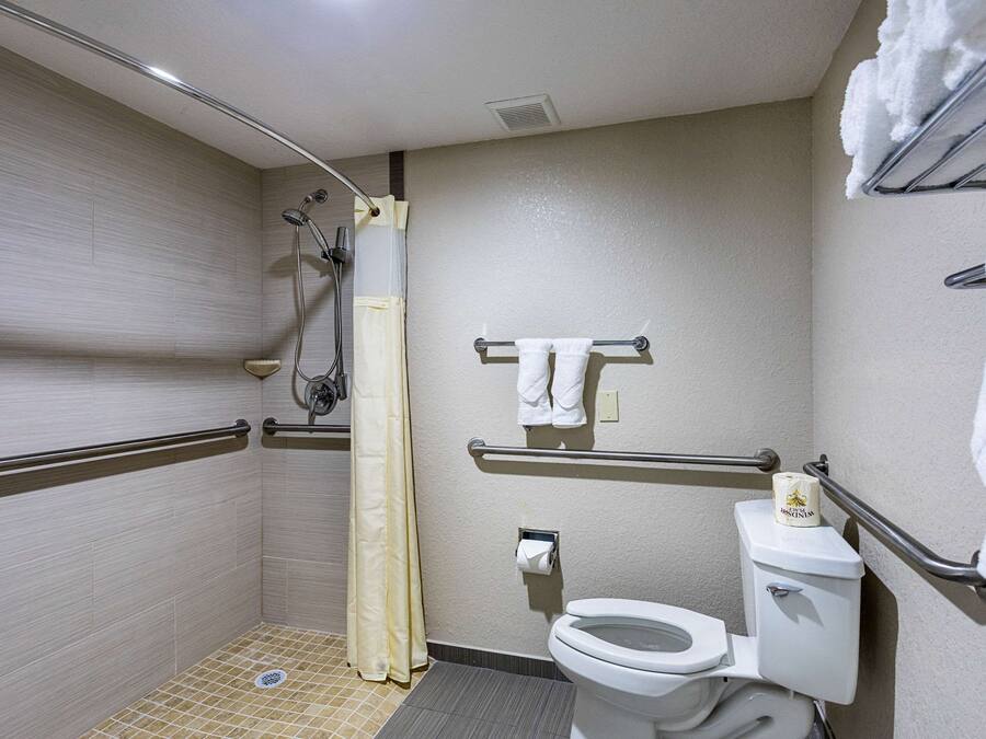 Un baño accesible para personas con discapacidad, con ducha, inodoro y barras de apoyo.
