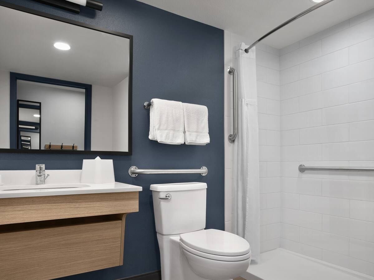 Combined shower/tub, free toiletries, hair dryer, towels
