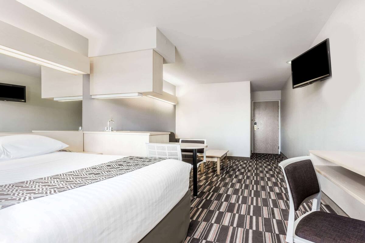 Habitación de hotel con cama, escritorio, silla, televisor y alfombra estampada.