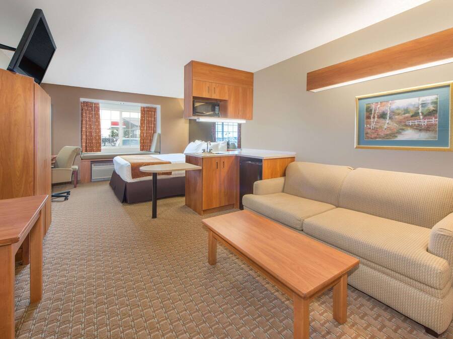A compact living space with a sofa, a dining table, a kitchen area with a microwave, and a television.