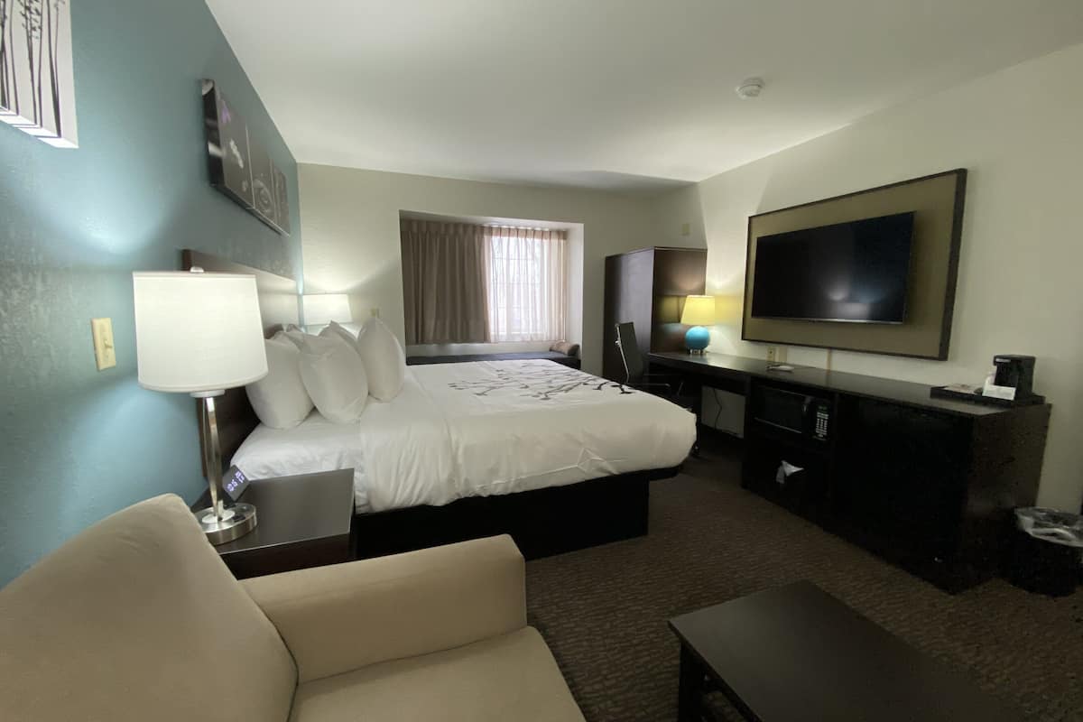 A hotel room with a bed, a desk, a television, a lamp, and a sofa.