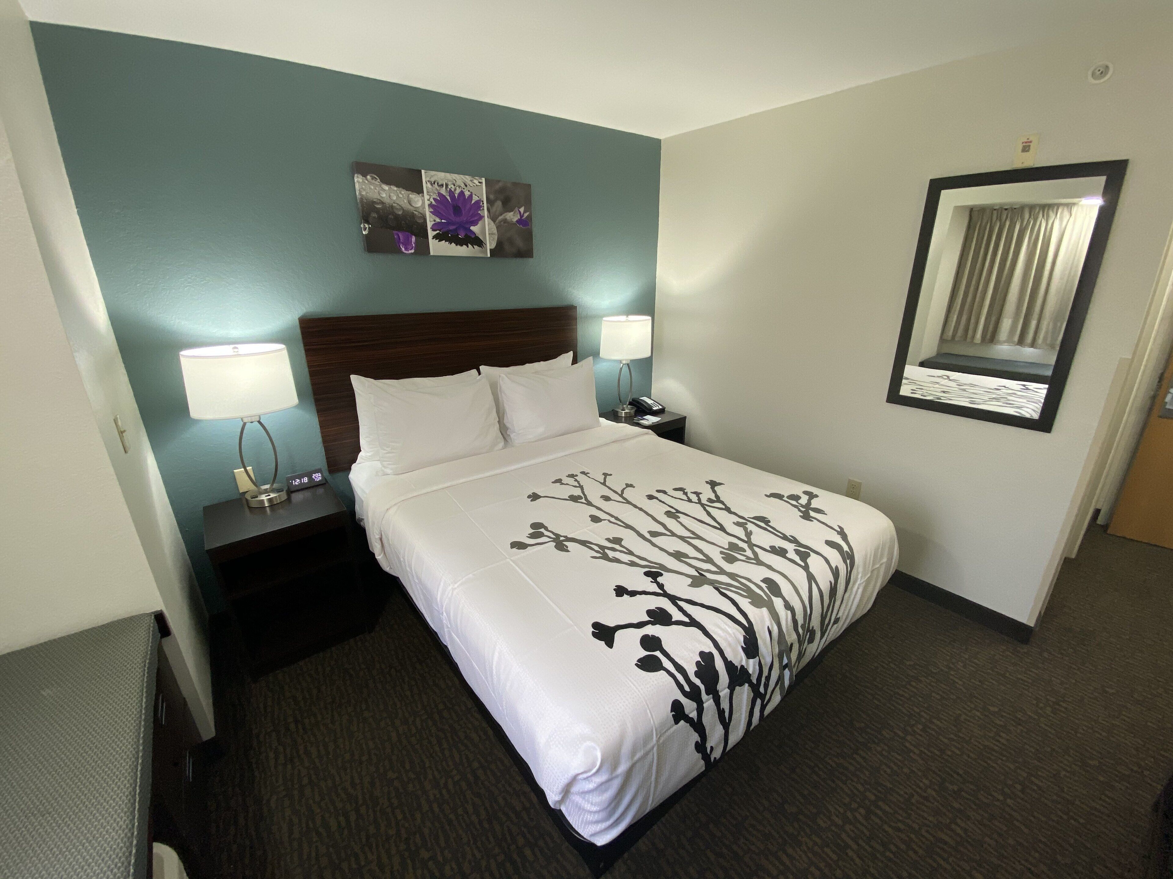 Una camera d'hotel con un letto, due abat-jour, un comodino, uno specchio a parete e un quadro decorativo sopra il letto.