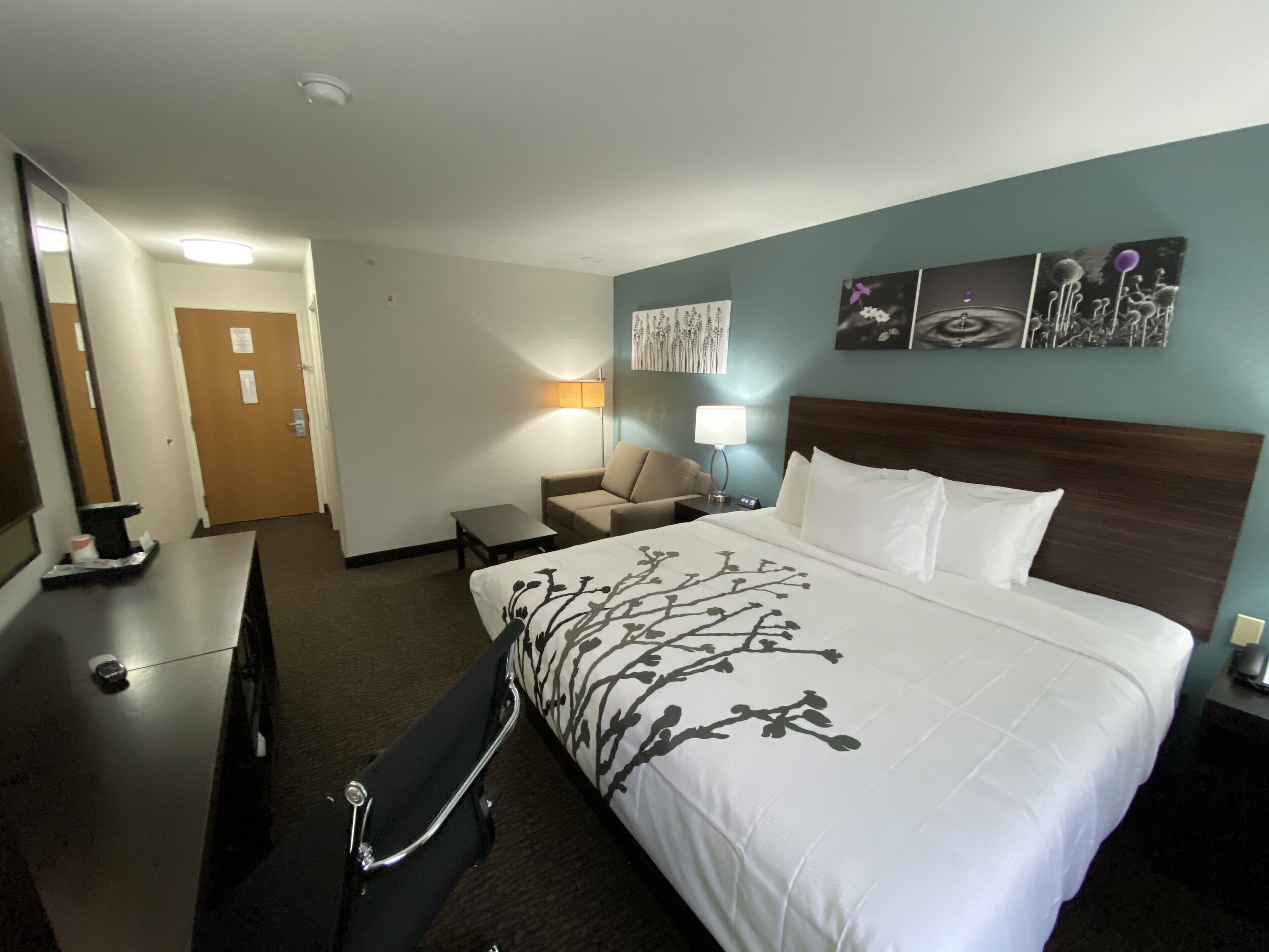 A hotel room with a bed, a desk, a chair, a lamp, and a wall with artwork.