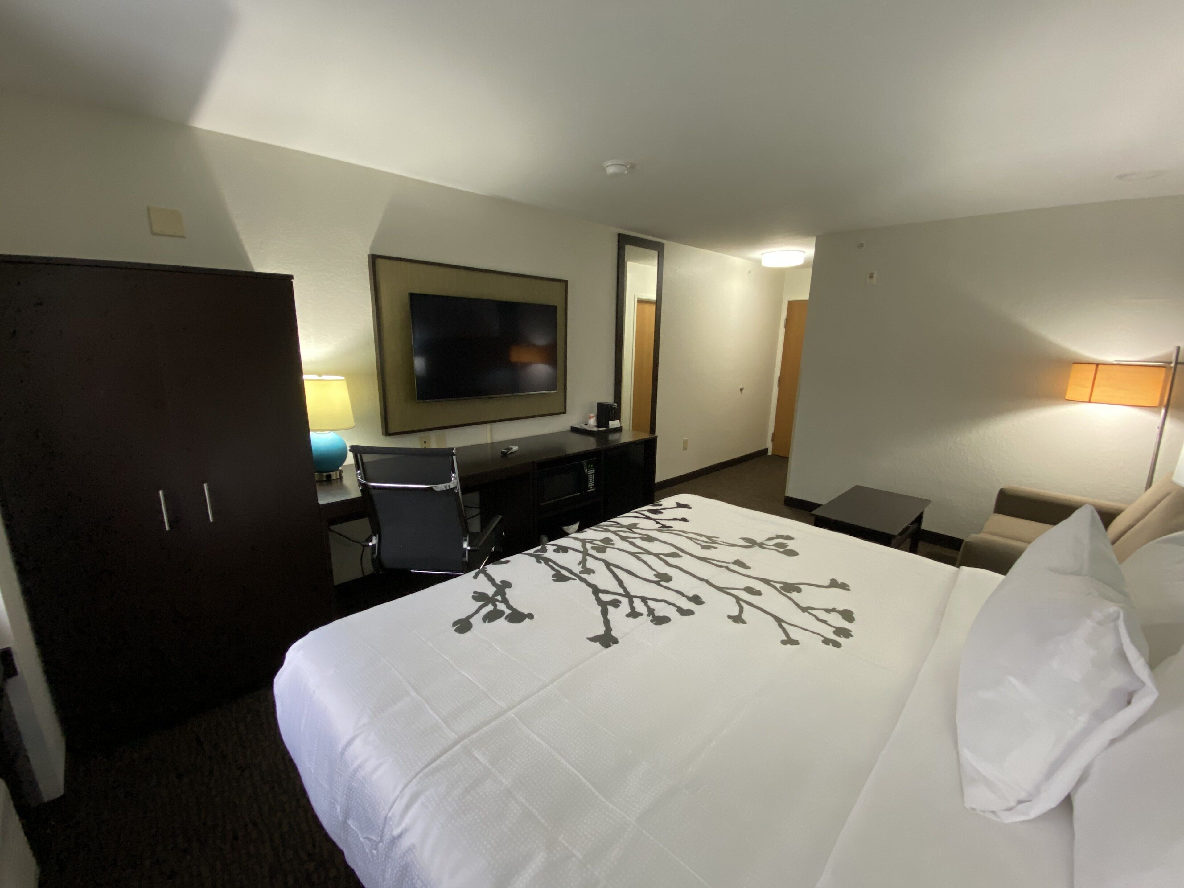 Une chambre d’hôtel équipée d’un lit, d’un bureau, d’une chaise, d’une télévision et d’une porte.