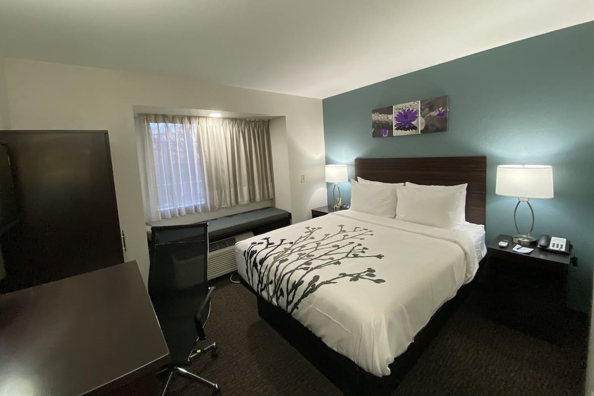 A hotel room with a bed, bedside lamps, a desk, a TV, a window with curtains, and a wall art piece.