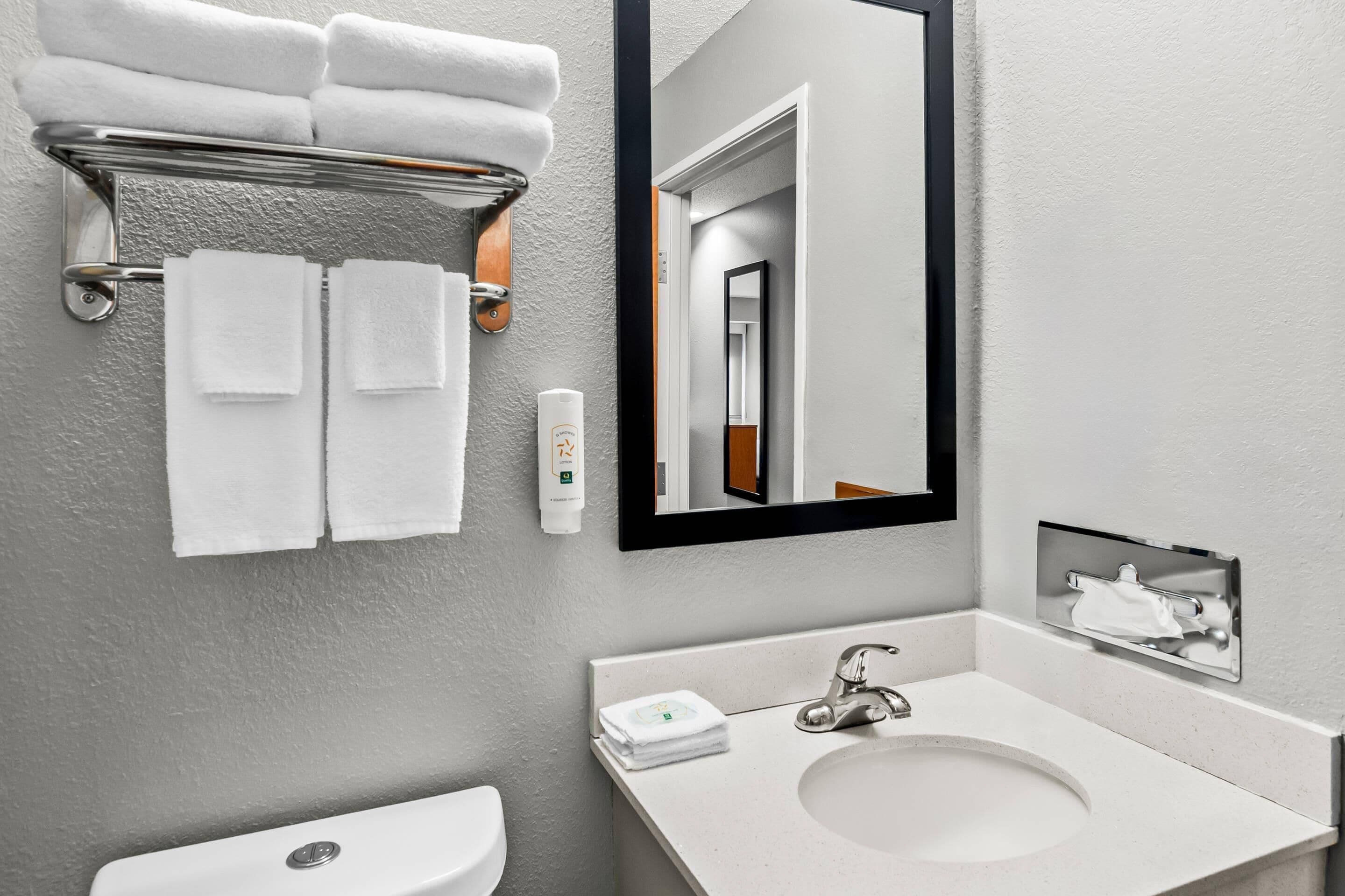 A bathroom with a white sink, a mirror, and a towel rack.