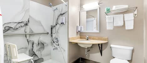 Habitación Deluxe, 1 cama Queen size, con acceso para personas discapacitadas (Roll-In Shower) | Baño | Amenidades de baño gratuitas y toallas