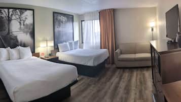 Upgraded, Room, 2 Queen Beds | Desk, iron/ironing board, free cribs/infant beds, free WiFi