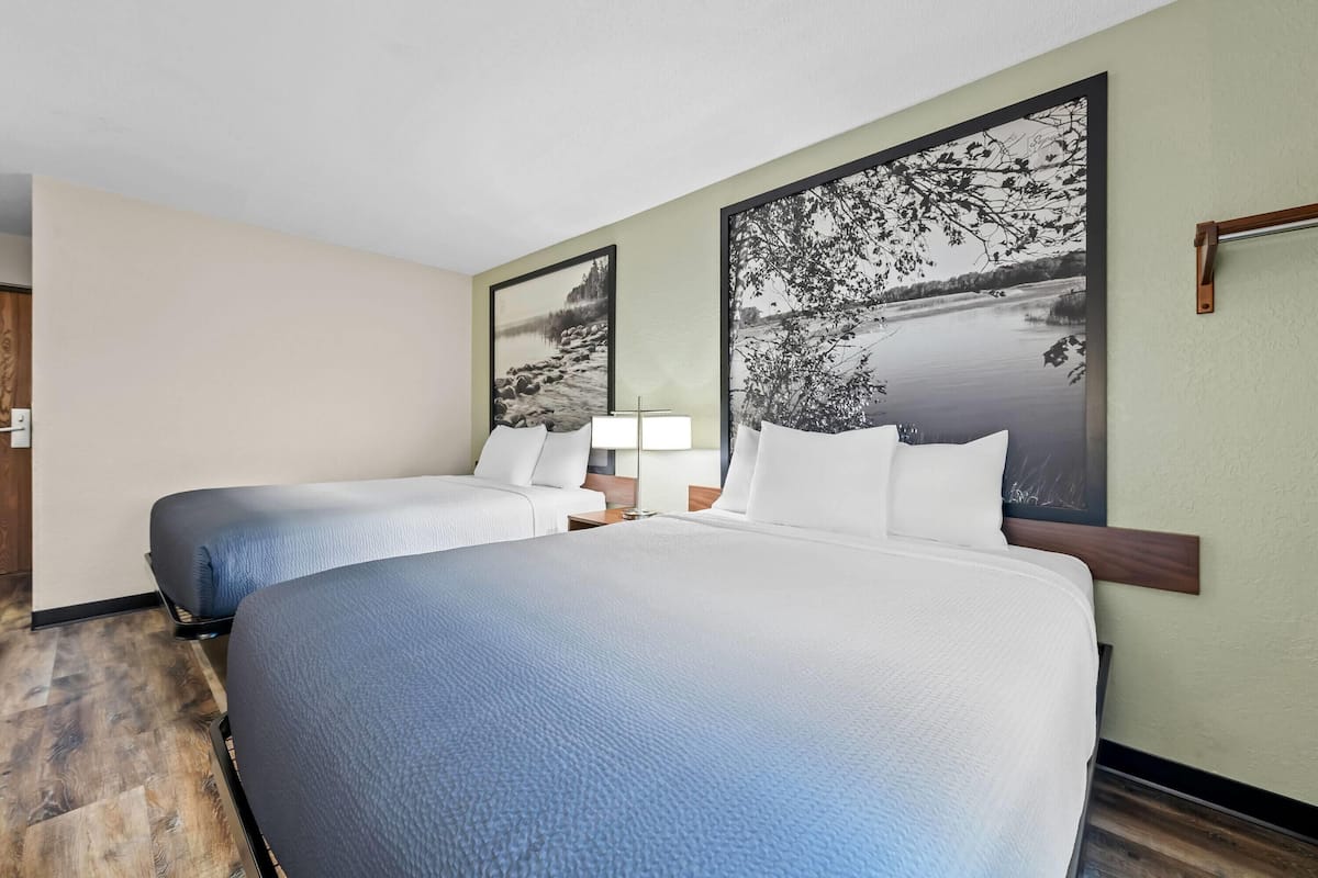 A hotel room with two beds, a nightstand, a lamp, and two large landscape paintings on the wall.