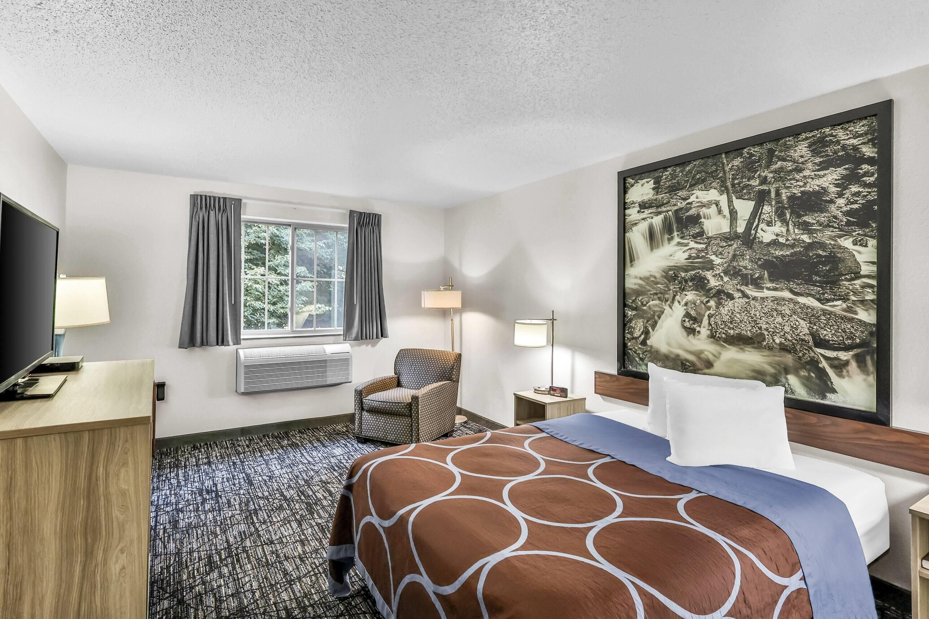 A hotel room with a bed, a desk, a chair, a TV, a window with curtains, a painting, and a lamp.