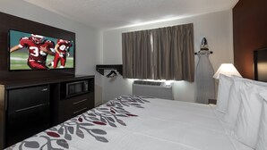 Habitación de hotel con cama, televisor de pantalla plana, microondas, refrigerador y ventana con cortinas.