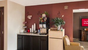 Una cocina con cafetera, una planta y una silla.