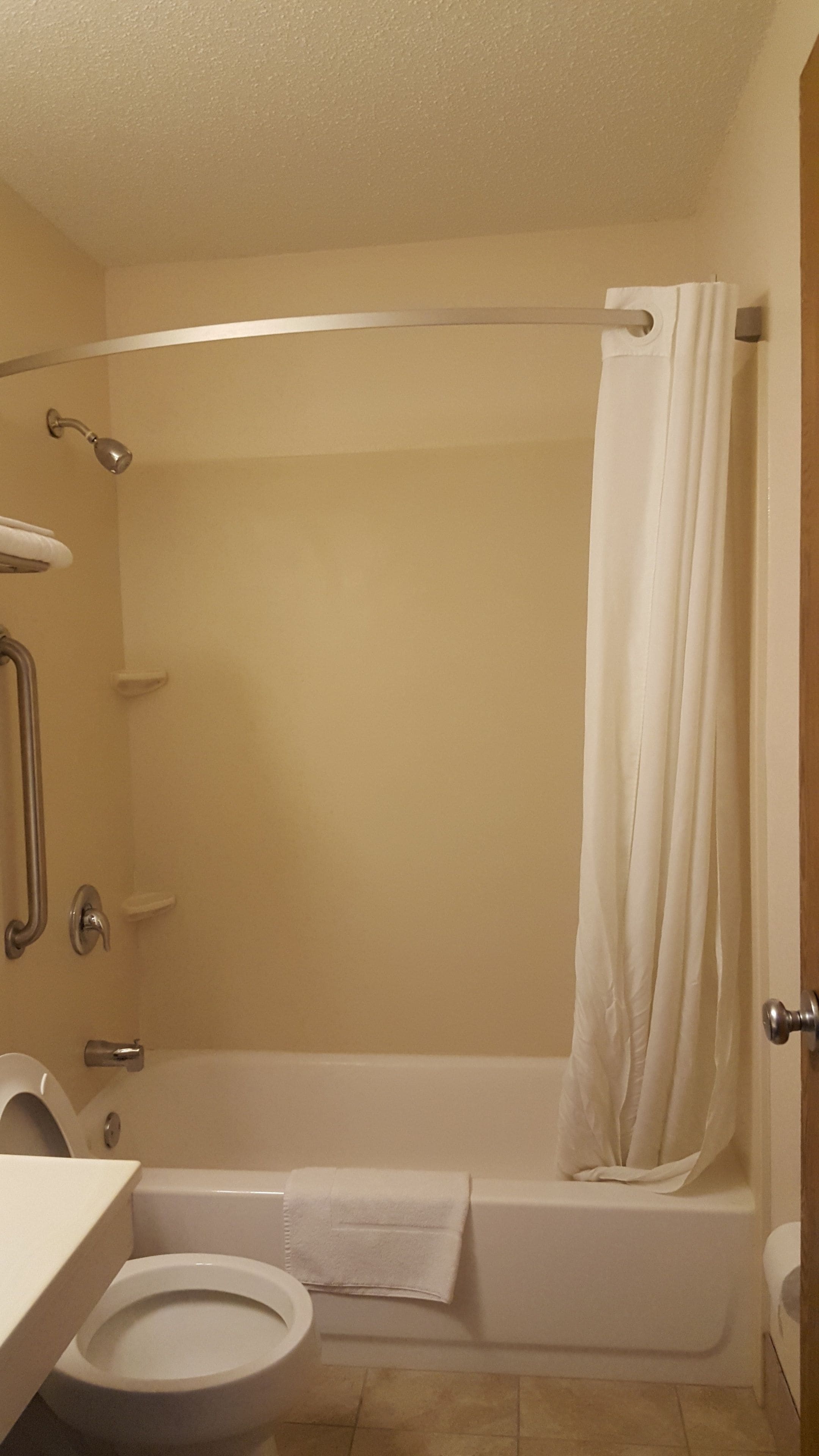 A bathroom with a bathtub, toilet, and a shower curtain.