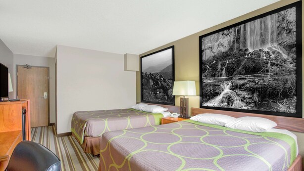 Une chambre d’hôtel avec deux lits, un bureau, une chaise et une grande peinture représentant une cascade au mur.