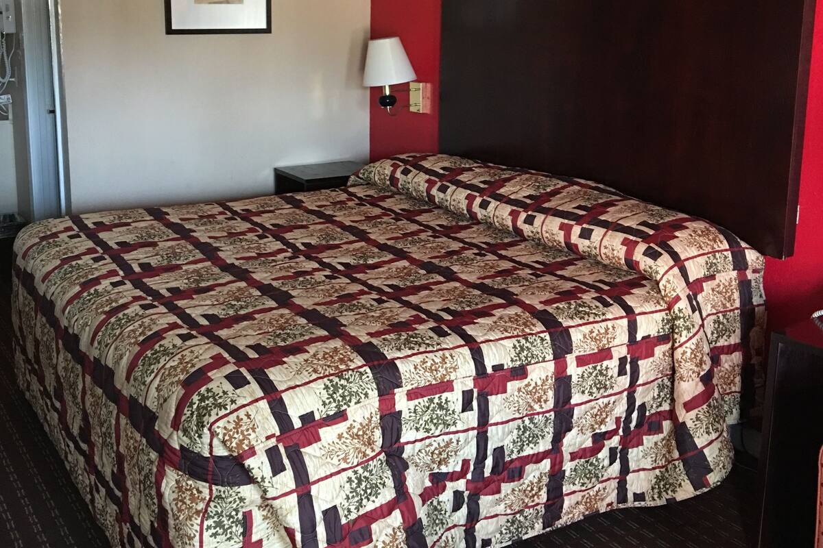 A hotel room with a large bed, a framed picture on the wall, a bedside lamp, and a red accent wall.