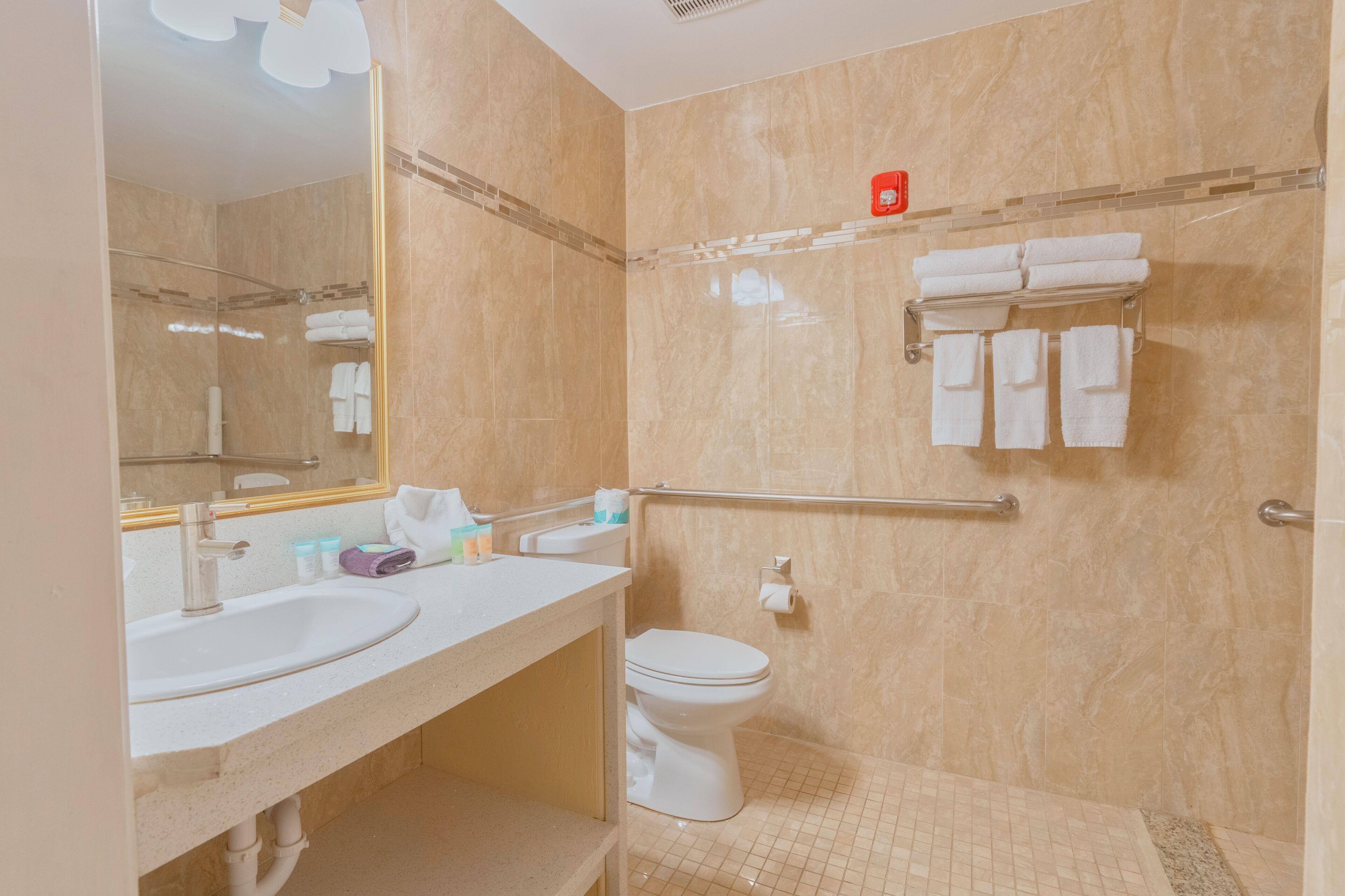 Une salle de bain comprenant un lavabo, des toilettes et un espace douche.