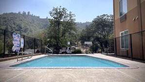 A swimming pool with a black metal fence, surrounded by trees and a hillside in the background.