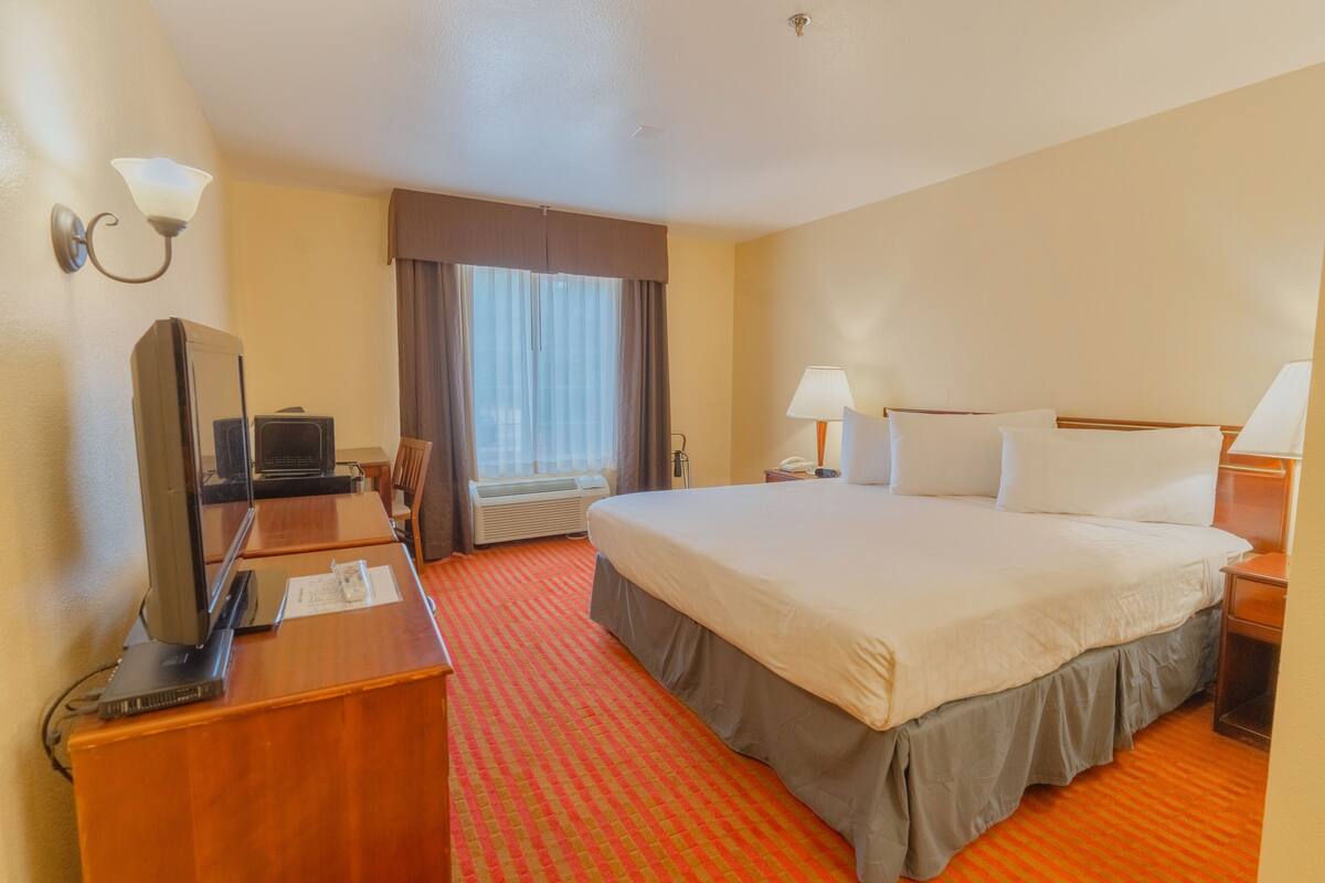 Habitación de hotel con una cama grande, un escritorio con televisor, una lámpara y una ventana con cortinas.