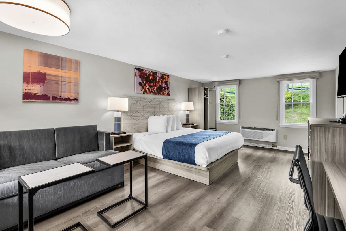 Una habitación de hotel moderna con cama, sofá, mesitas de noche, lámparas y obras de arte.
