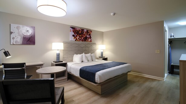 A modern hotel room with a bed, bedside tables, a desk, and chairs.