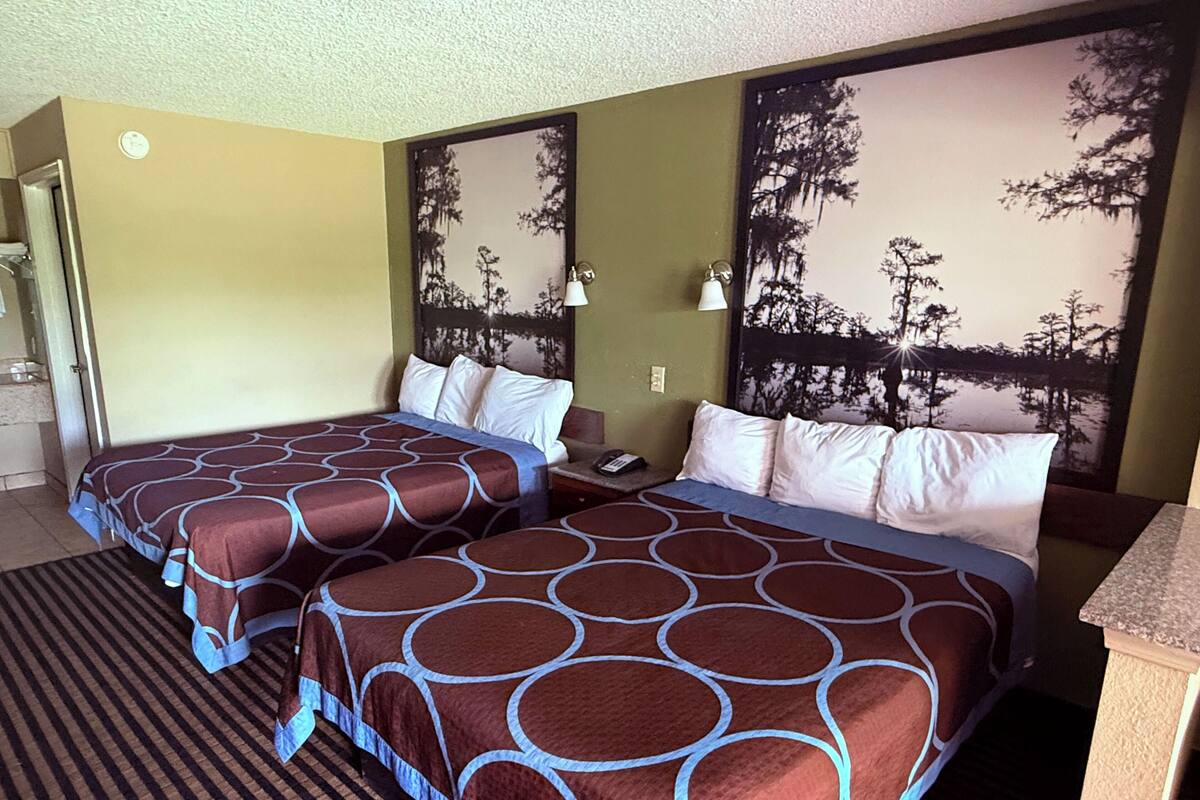Habitación de hotel con dos camas, una mesita de noche, una lámpara y un cuadro con árboles en la pared.