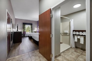 Una habitación de hotel con cama, escritorio, silla, ventana con cortinas, baño con ducha y toallero.