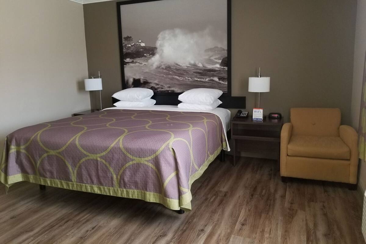 Une chambre d’hôtel comprenant un lit, deux lampes de chevet, une chaise, une table de chevet, un grand tableau encadré représentant un paysage marin et un panneau indiquant la présence d’une connexion Wi-Fi.
