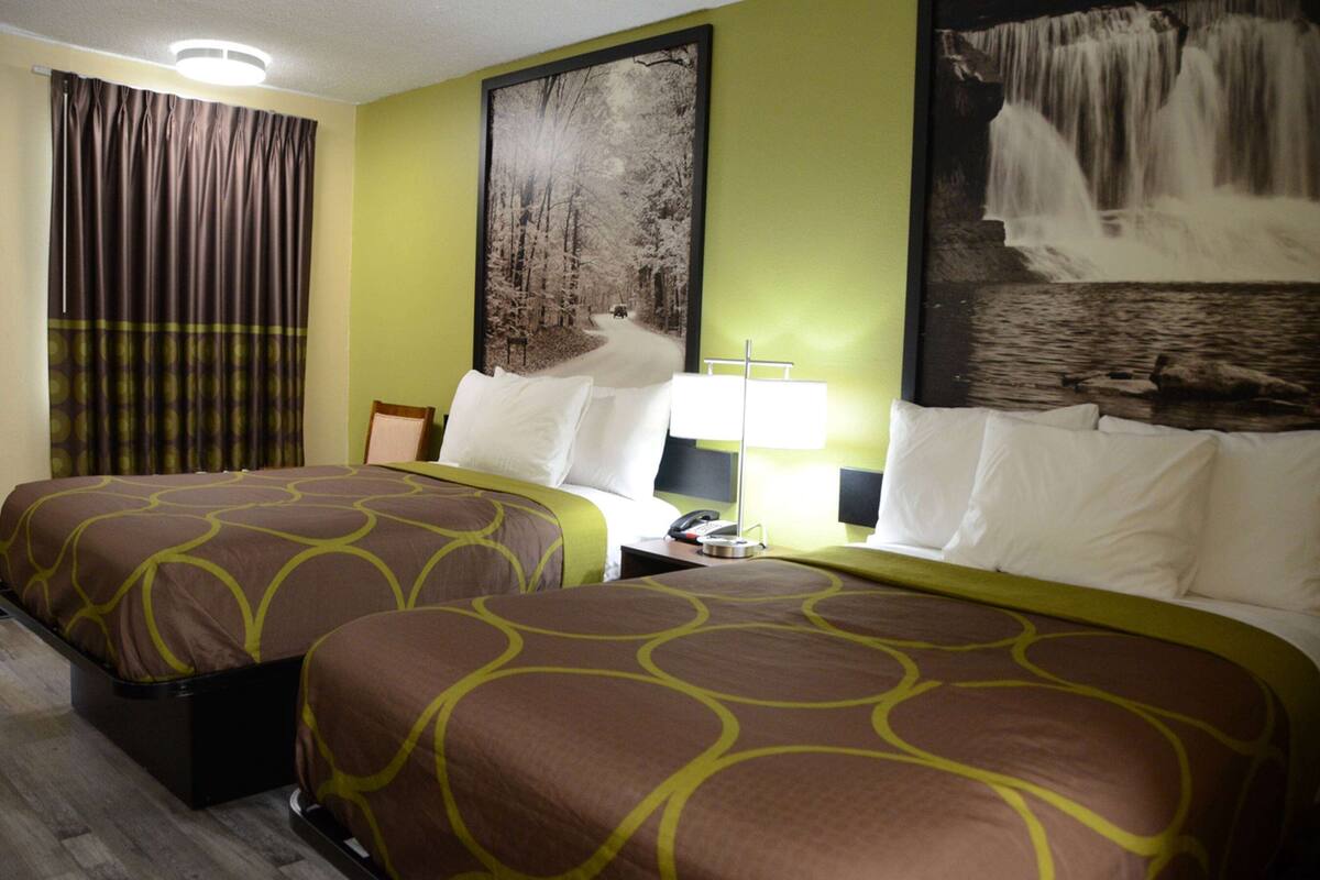 Une chambre d’hôtel avec deux lits, une table de chevet avec une lampe et un grand tableau sur le thème de la forêt accroché au mur.
