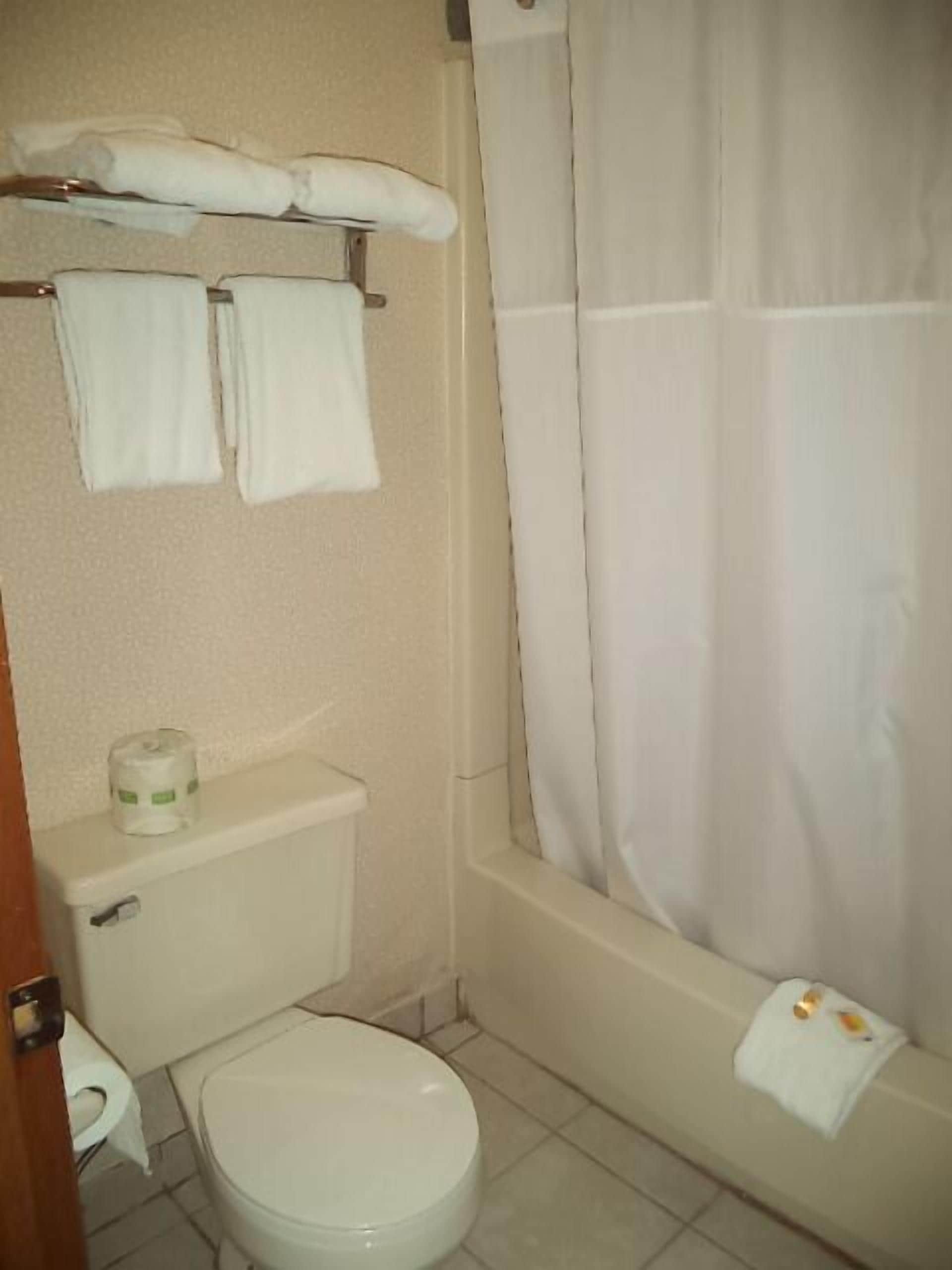 Une salle de bain avec des toilettes, une baignoire avec un rideau de douche et des serviettes sur un porte-serviettes.