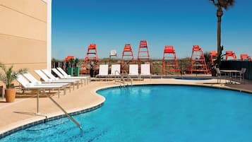 Outdoor pool, pool umbrellas, pool loungers