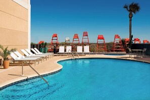 Outdoor pool, pool umbrellas, pool loungers