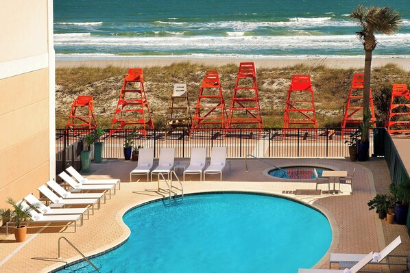 Outdoor pool, pool umbrellas, pool loungers