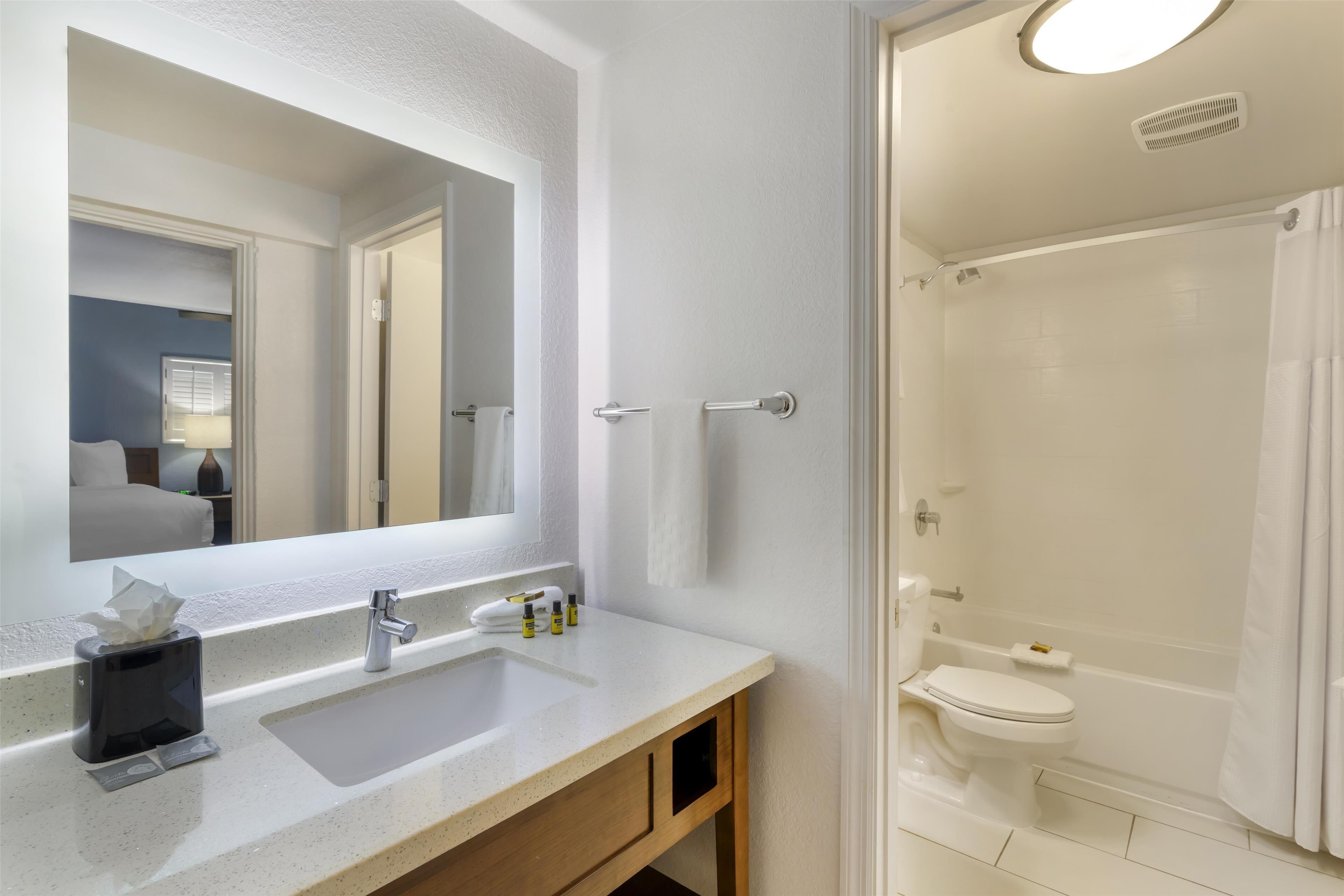 A bathroom with a large mirror, a sink with toiletries, a toilet, and a shower.