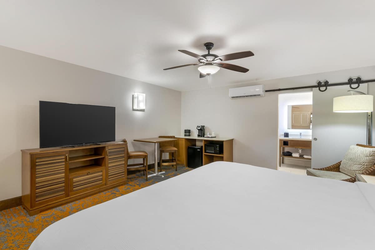 A hotel room with a bed, a desk with a chair, a television, a ceiling fan, and a bathroom visible through an open door.
