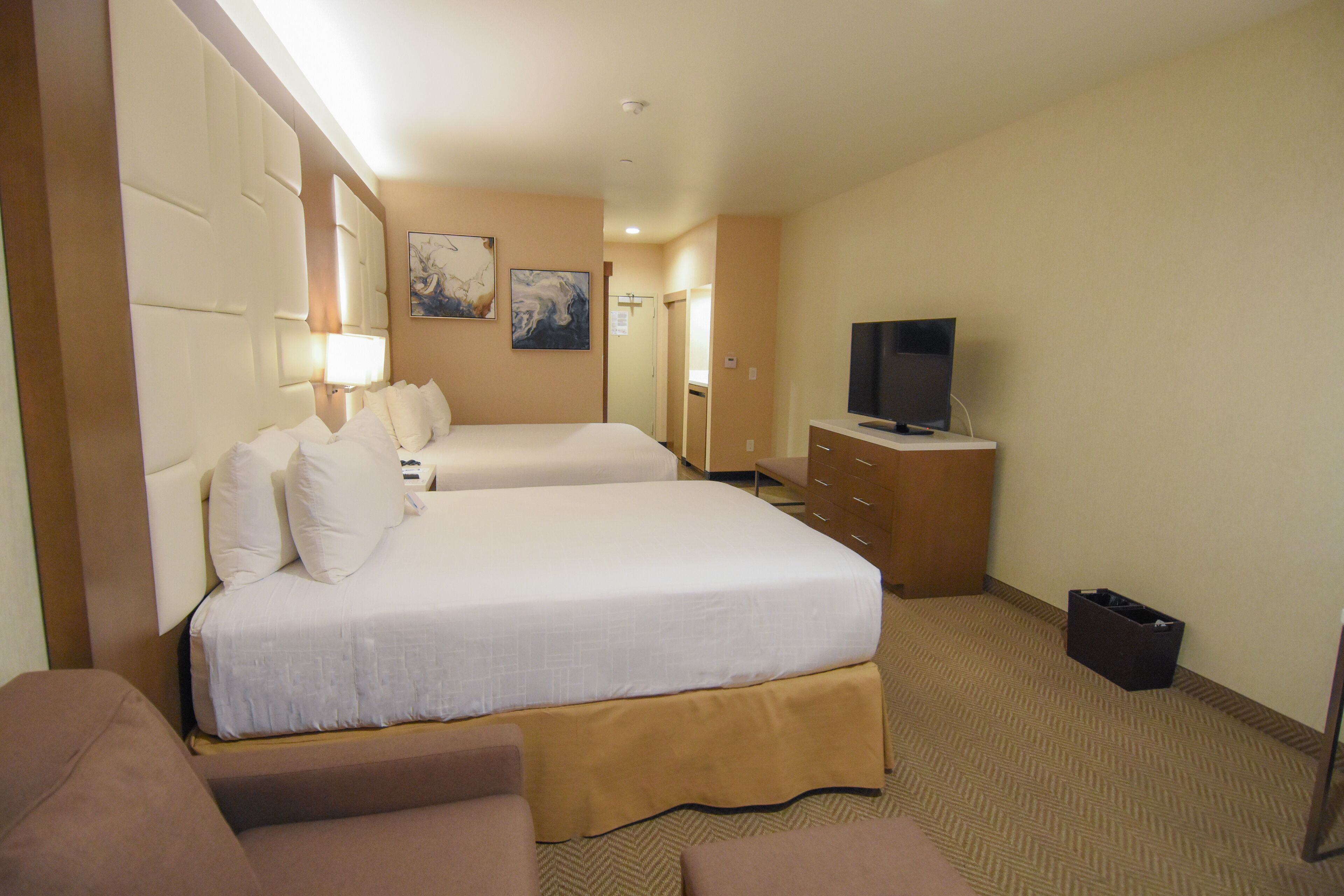 A hotel room with two beds, a TV, a dresser, and a trash bin.