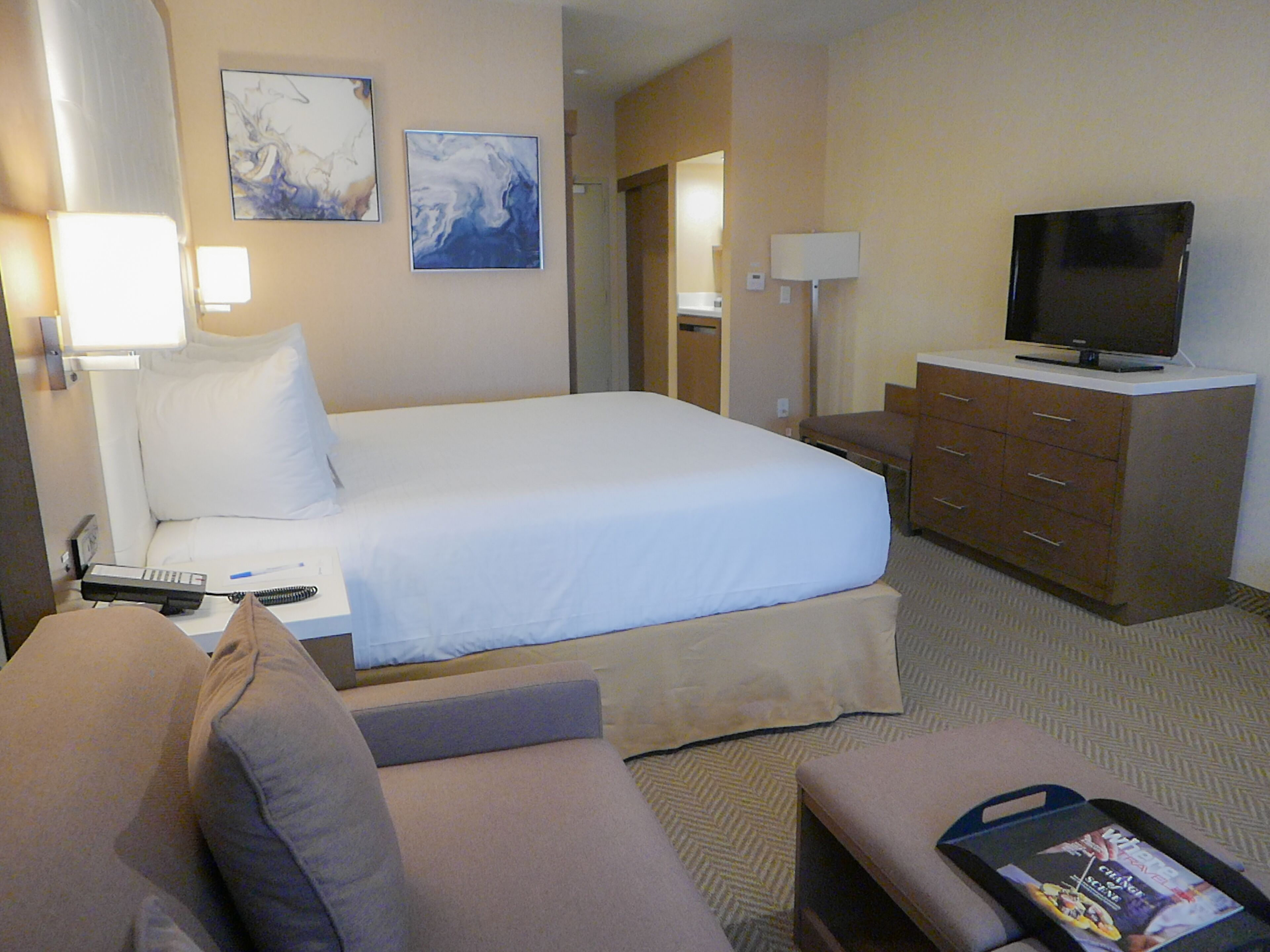 A hotel room with a bed, a TV, a desk, and a sofa.