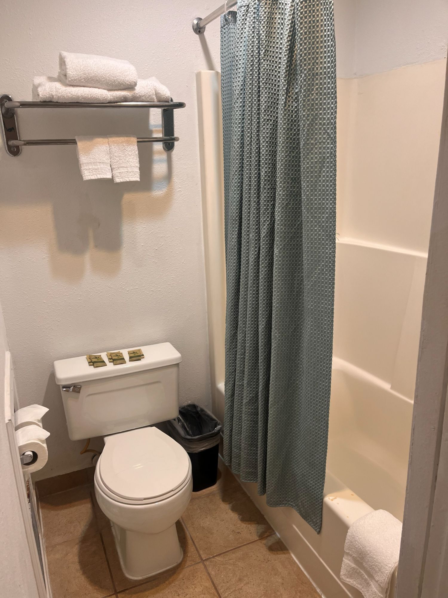 Une petite salle de bain comprenant des toilettes, un lavabo, un rideau de douche et un porte-serviettes.